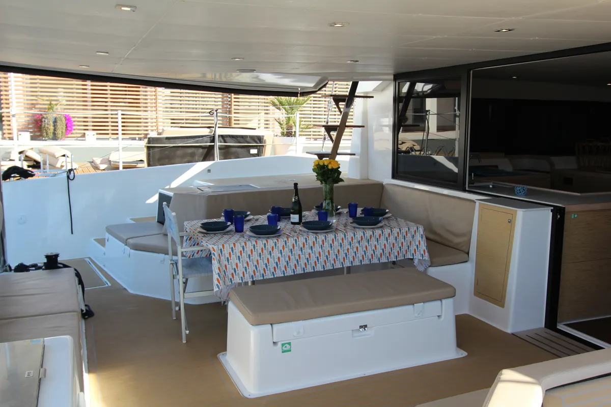 Deck of Amelie, a Dufour 48 Catamaran catamaran at Cecina, Italy