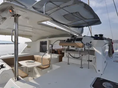 Cockpit of Paluko, a Lagoon 421 catamaran at Bodrum, Turkey
