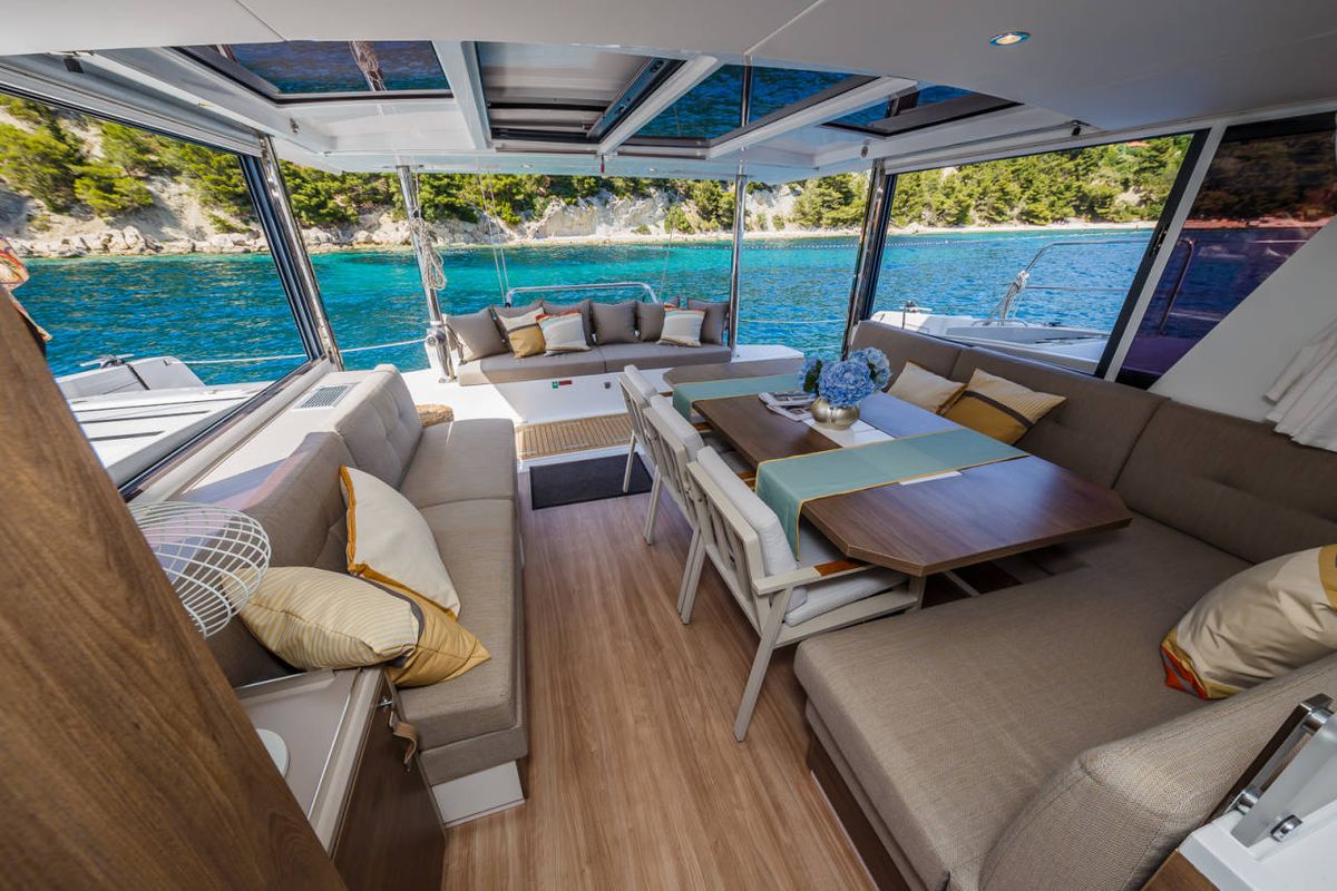 Salon of Mirage, a Bali 4.6 catamaran at Fethiye, Turkey
