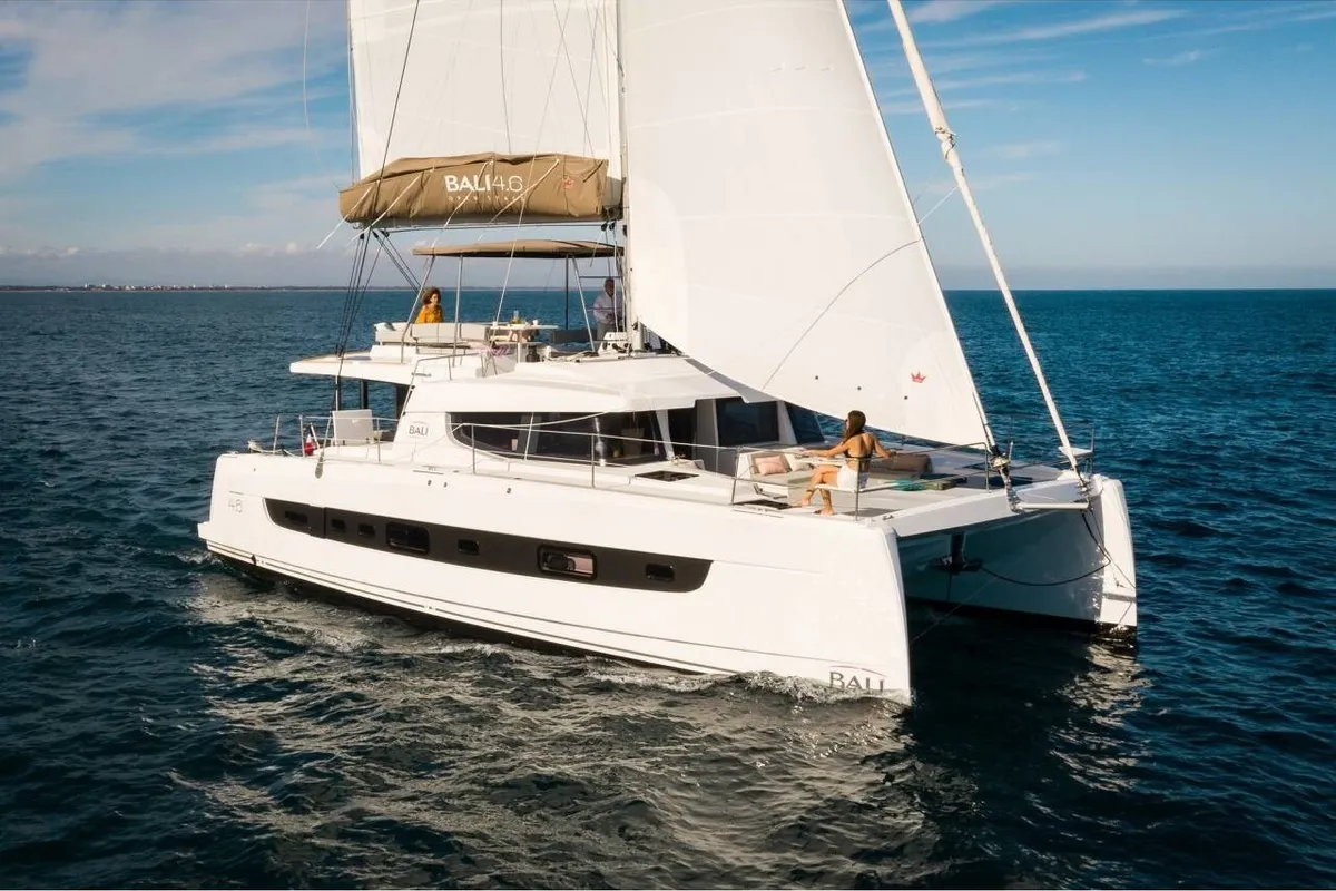Exterior view of Mirage, a Bali 4.6 catamaran at Fethiye, Turkey