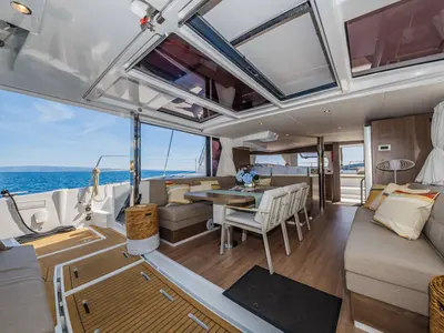 Salon of Mirage, a Bali 4.6 catamaran at Fethiye, Turkey