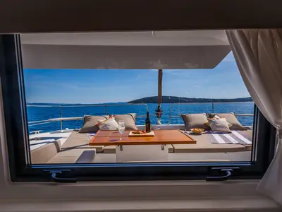 Deck of Mirage, a Bali 4.6 catamaran at Fethiye, Turkey