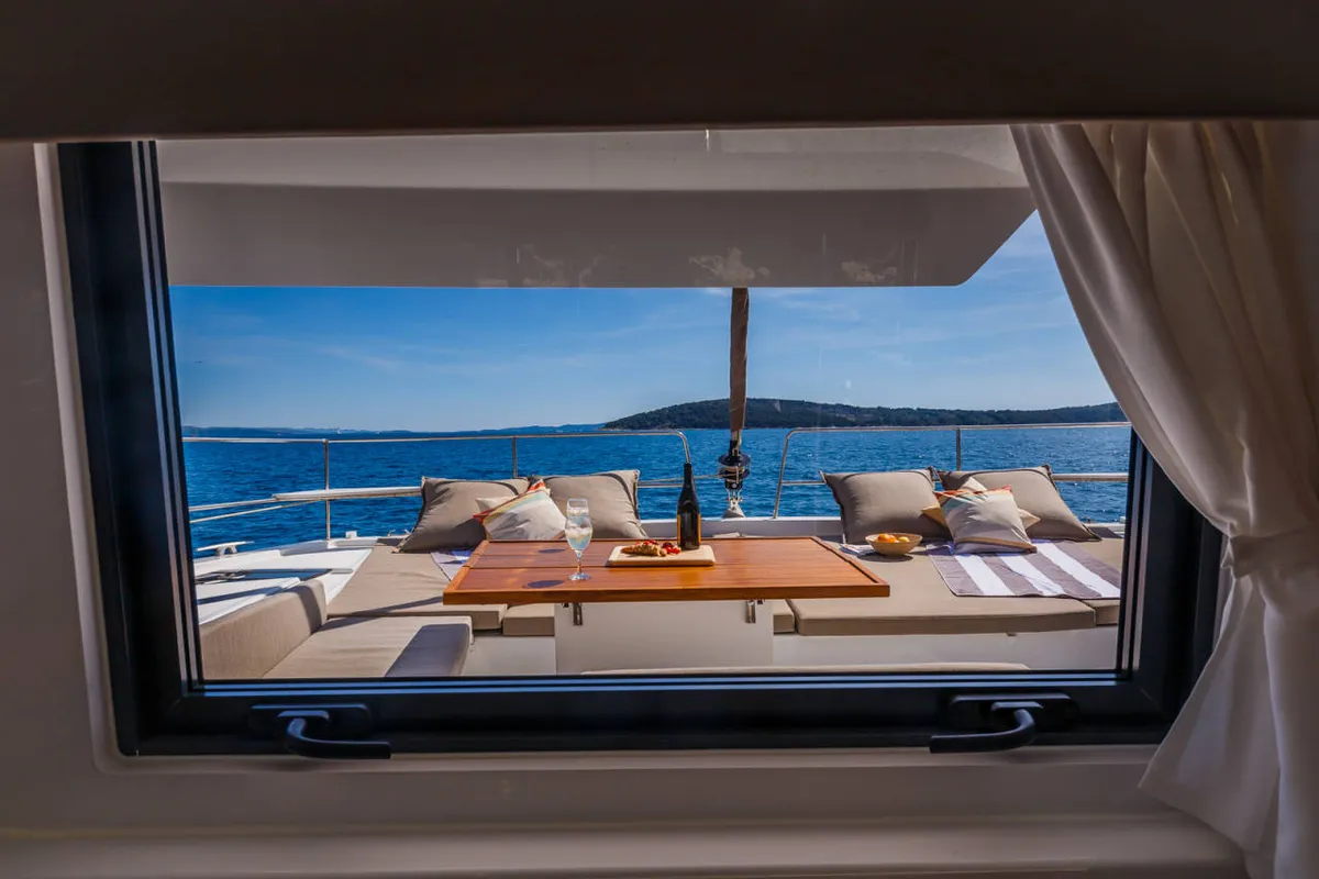 Deck of Mirage, a Bali 4.6 catamaran at Fethiye, Turkey
