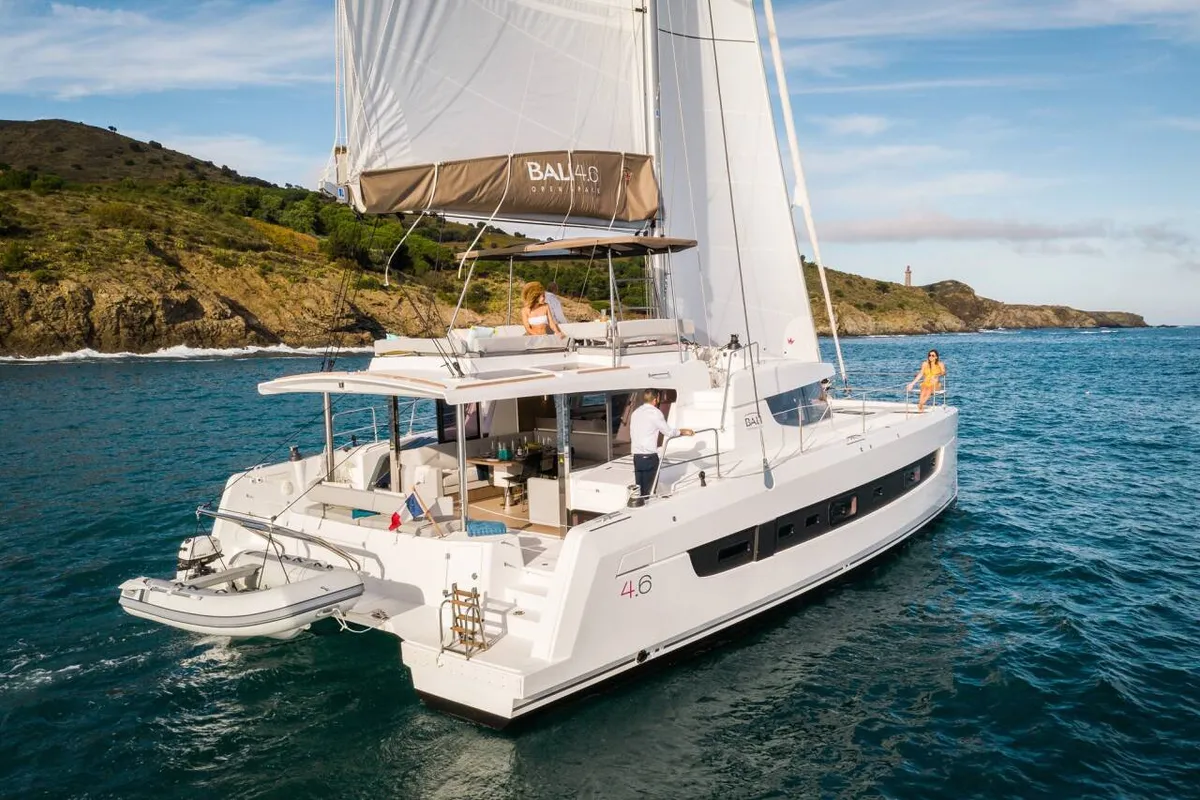 Exterior view of Mirage, a Bali 4.6 catamaran at Fethiye, Turkey