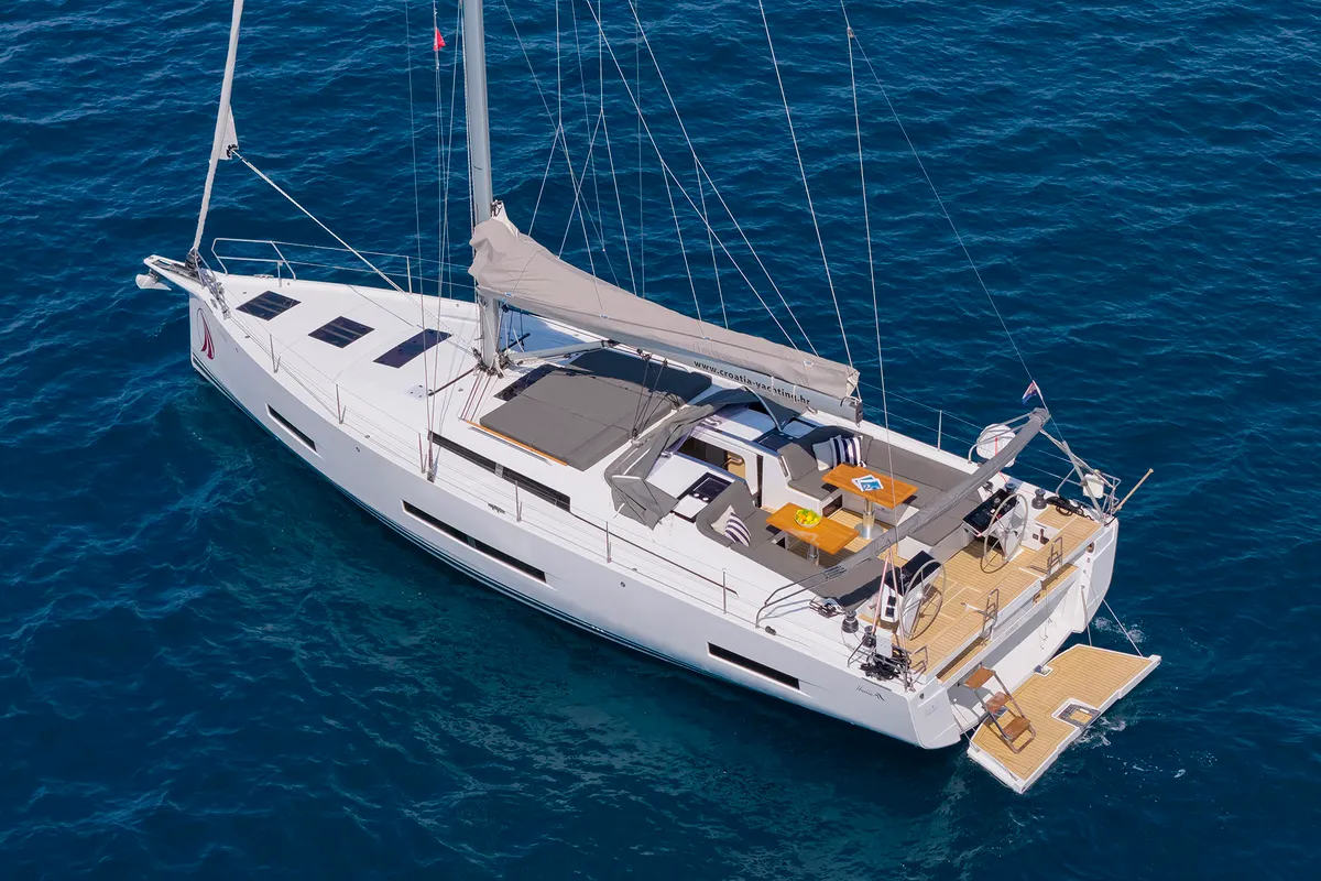 Exterior view of Amber - OW, a Hanse 510 sailboat at Grad Kaštela, Croatia