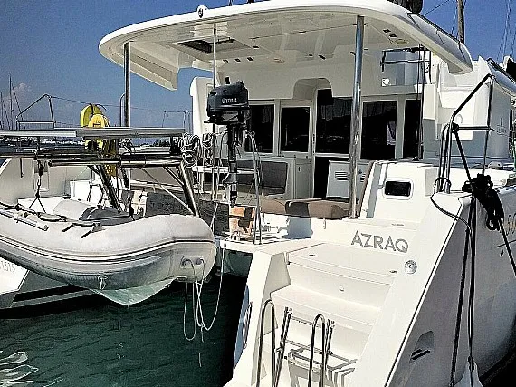 Exterior view of Azraq, a Lagoon 450 F catamaran at Athens, Greece