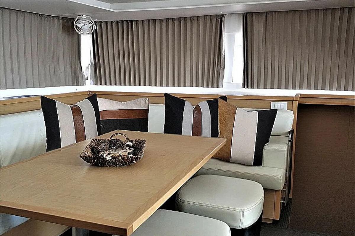 Salon of Azraq, a Lagoon 450 F catamaran at Athens, Greece
