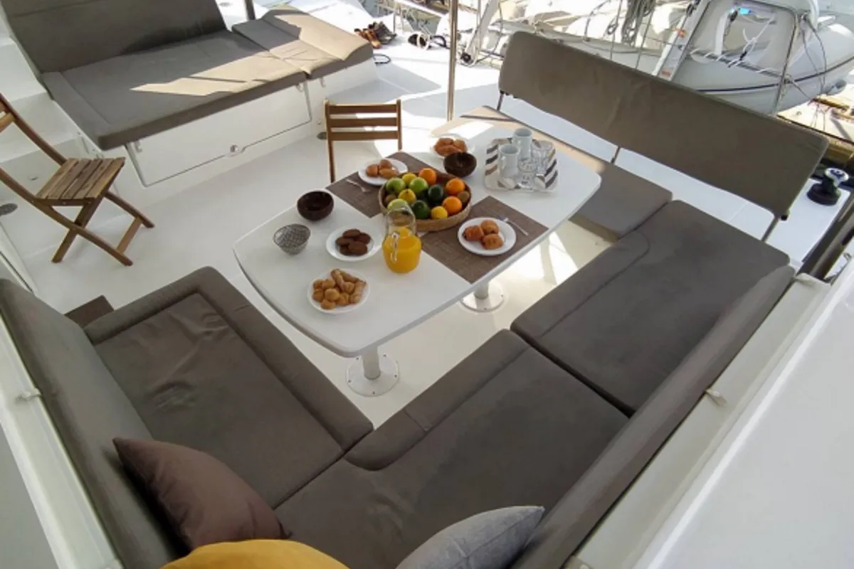 Deck of Azraq, a Lagoon 450 F catamaran at Athens, Greece
