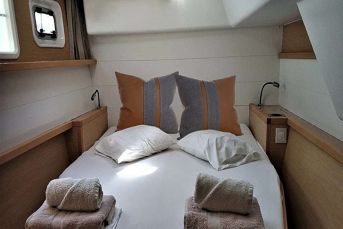 Cabin on Azraq, a Lagoon 450 F catamaran at Athens, Greece