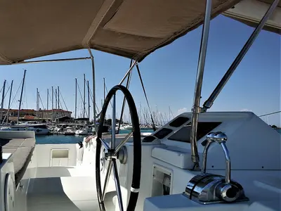Cockpit of Azraq, a Lagoon 450 F catamaran at Athens, Greece