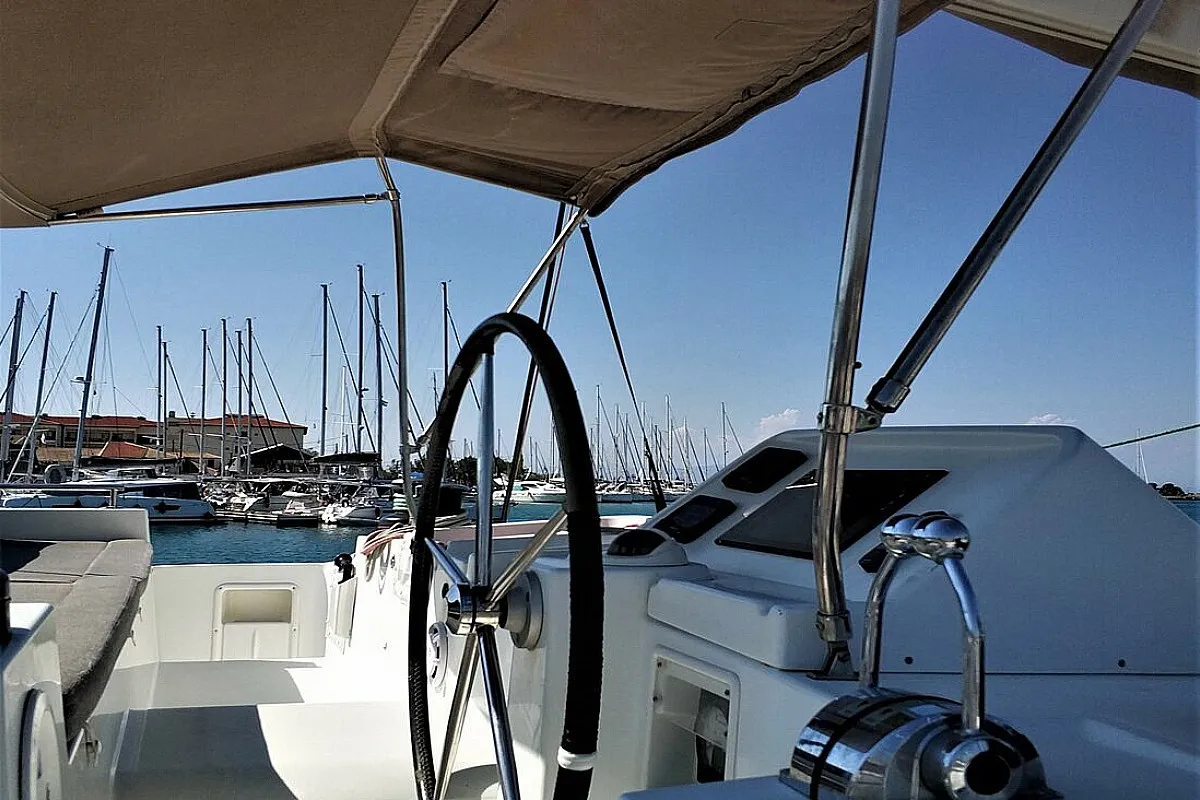 Cockpit of Azraq, a Lagoon 450 F catamaran at Athens, Greece