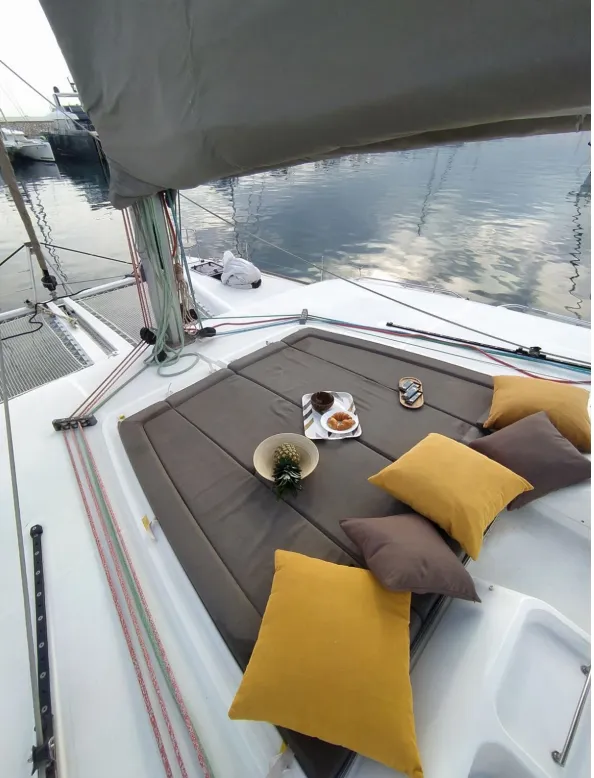 Deck of Azraq, a Lagoon 450 F catamaran at Athens, Greece