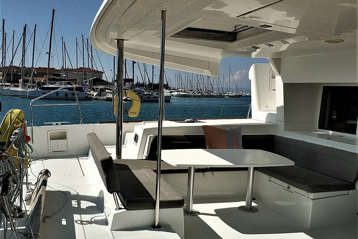 Deck of Azraq, a Lagoon 450 F catamaran at Athens, Greece