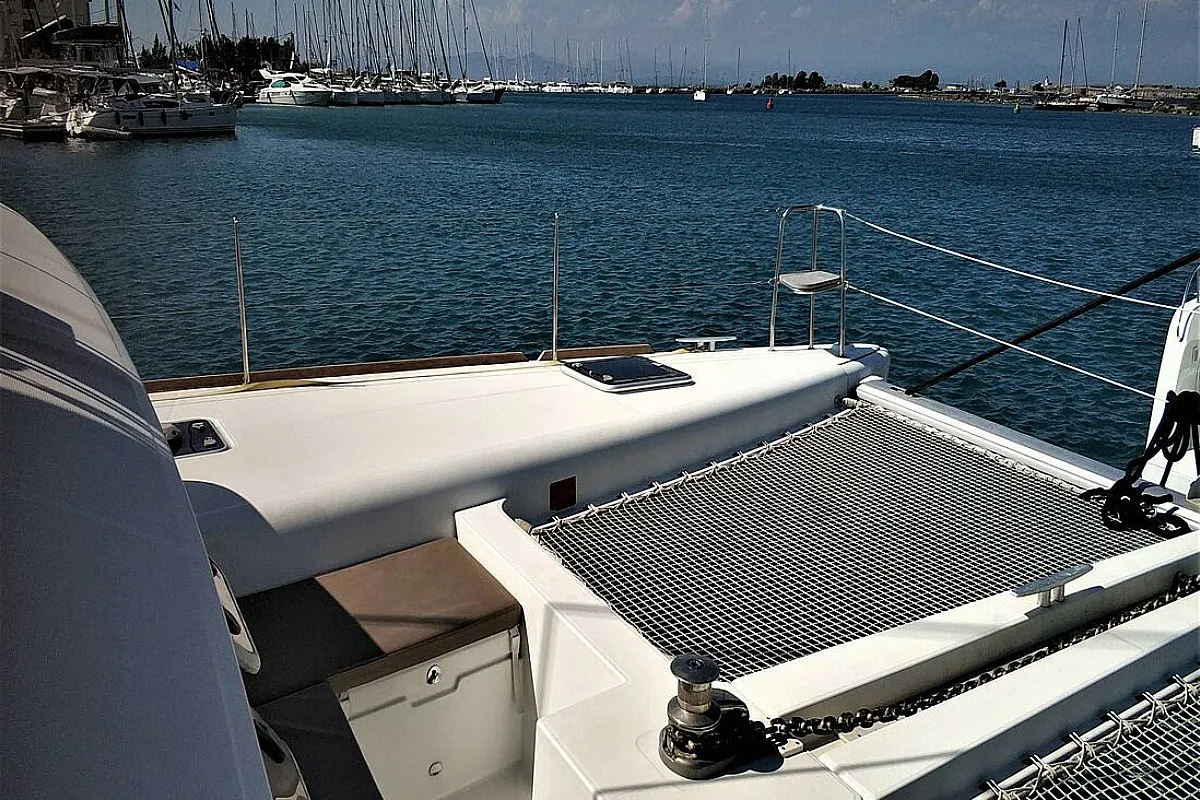 Deck of Azraq, a Lagoon 450 F catamaran at Athens, Greece
