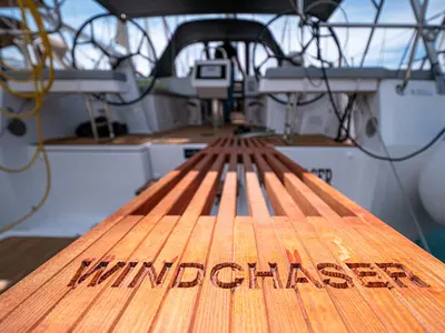 Deck of Windchaser, a Bavaria C38 sailboat at Zadar, Croatia