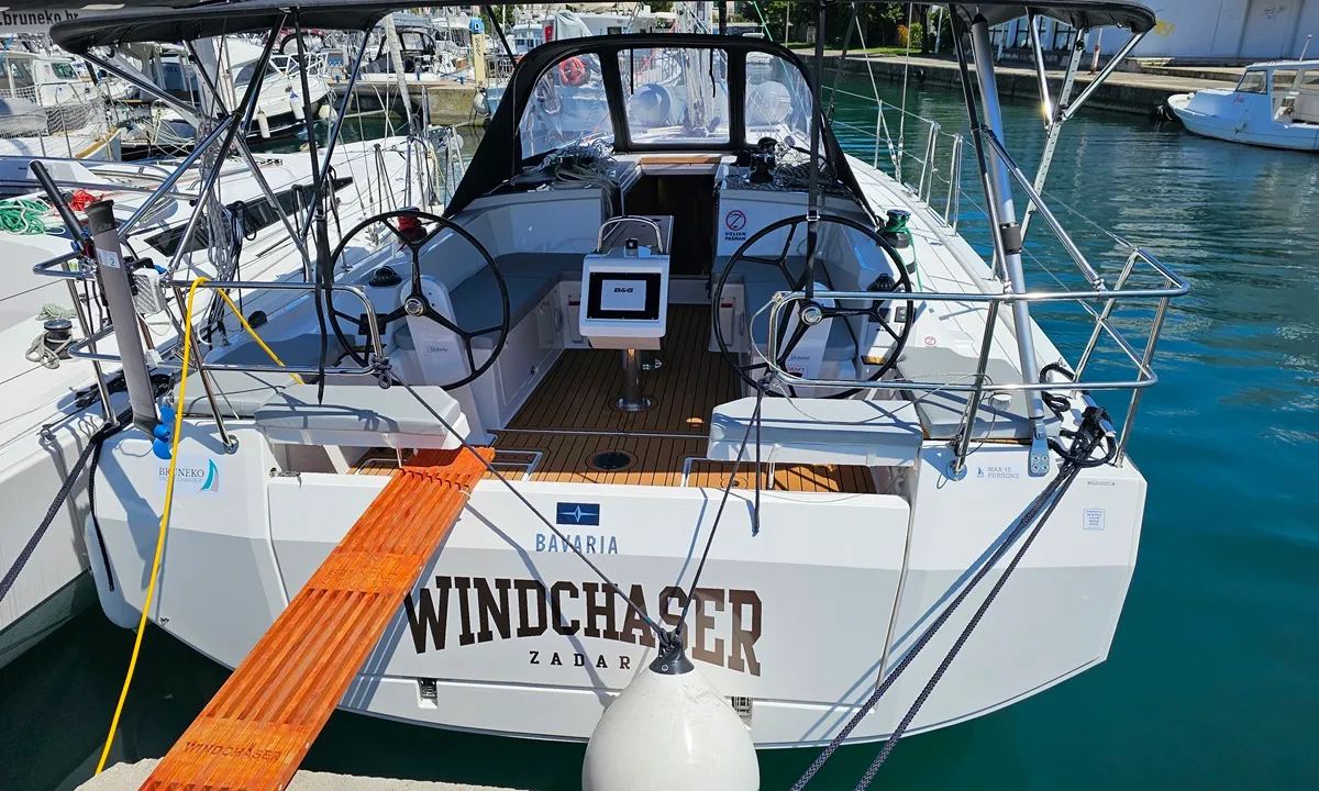 Deck of Windchaser, a Bavaria C38 sailboat at Zadar, Croatia