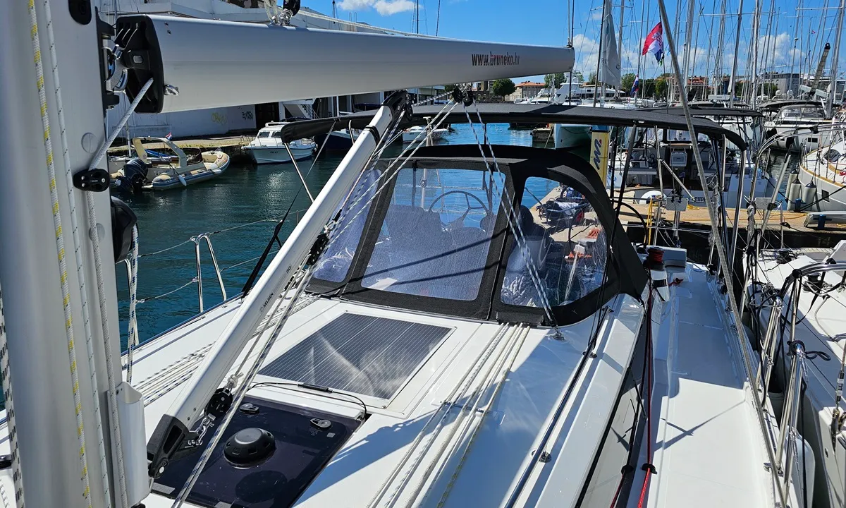 Deck of Windchaser, a Bavaria C38 sailboat at Zadar, Croatia