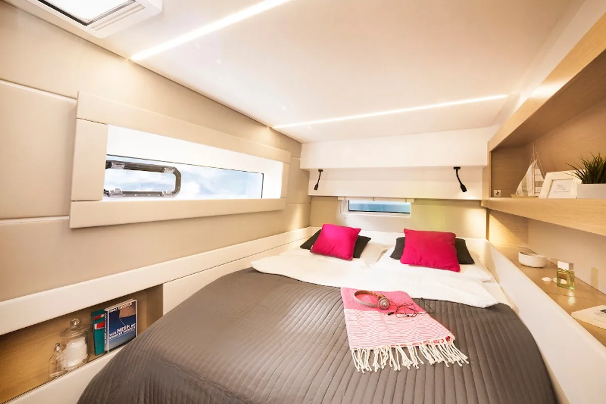 Cabin on Elettra, a Nautitech 46 Fly catamaran at Capo d'Orlando, Italy