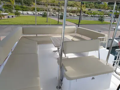 Deck of Elettra, a Nautitech 46 Fly catamaran at Capo d'Orlando, Italy