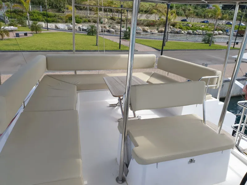 Deck of Elettra, a Nautitech 46 Fly catamaran at Capo d'Orlando, Italy