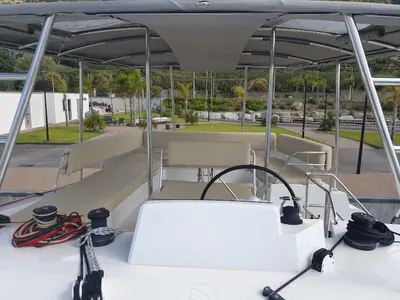 Cockpit of Elettra, a Nautitech 46 Fly catamaran at Capo d'Orlando, Italy