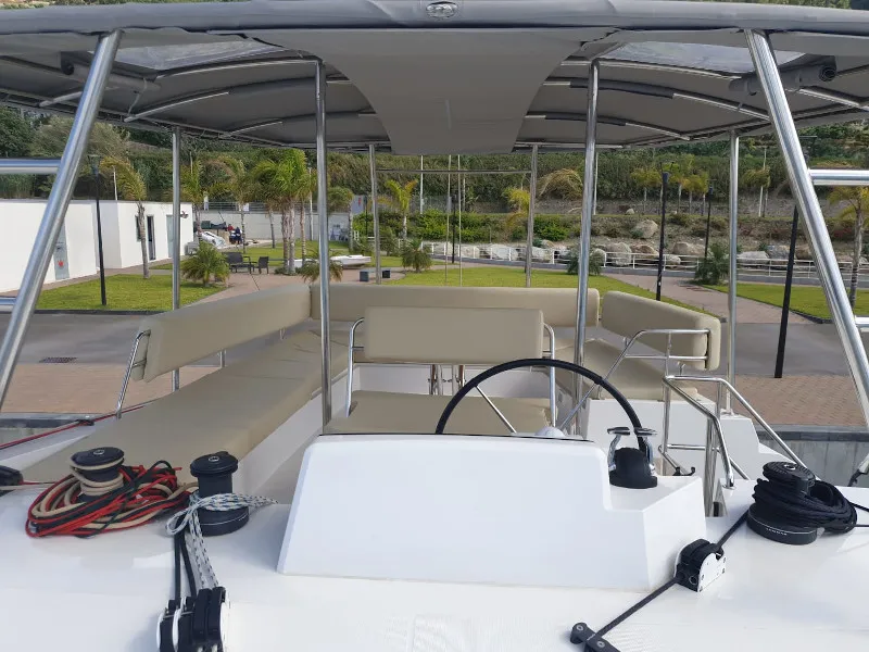 Cockpit of Elettra, a Nautitech 46 Fly catamaran at Capo d'Orlando, Italy