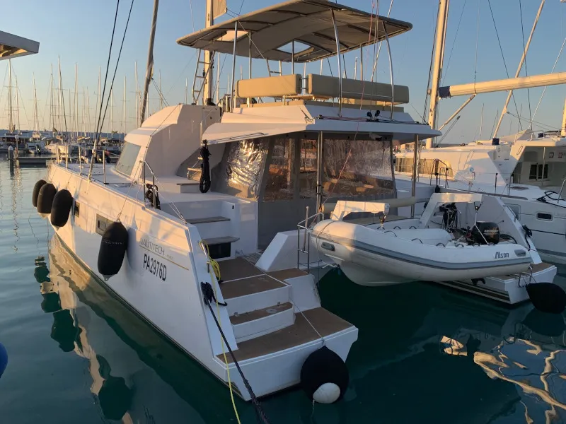 Exterior view of Elettra, a Nautitech 46 Fly catamaran at Capo d'Orlando, Italy