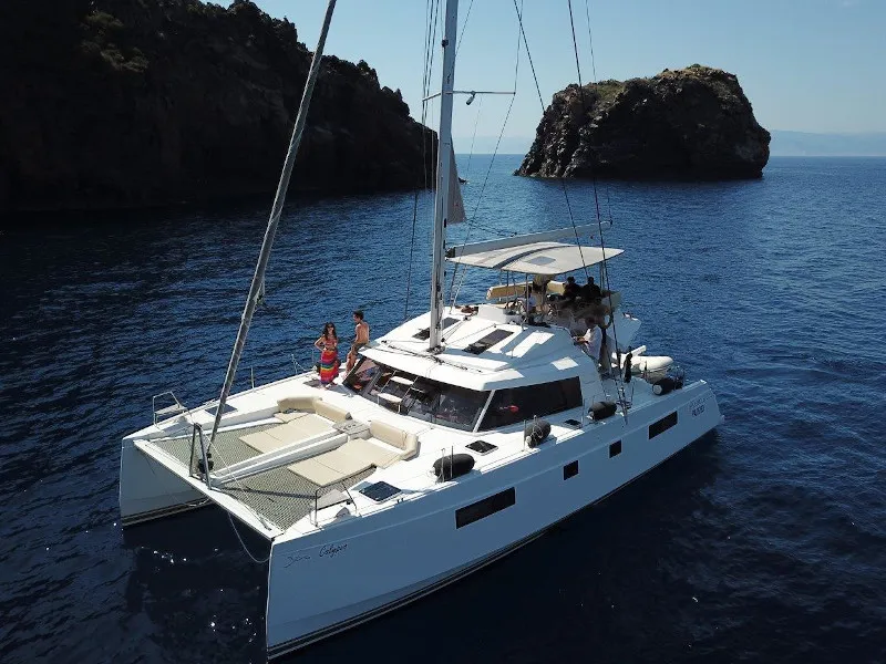 Exterior view of Elettra, a Nautitech 46 Fly catamaran at Capo d'Orlando, Italy