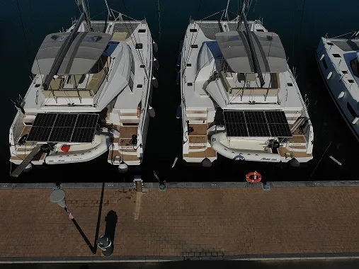 Exterior view of Elettra, a Nautitech 46 Fly catamaran at Capo d'Orlando, Italy