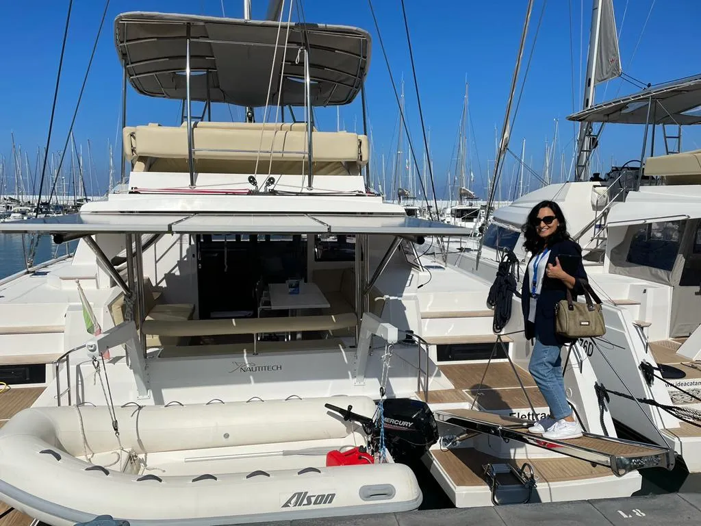 Exterior view of Elettra, a Nautitech 46 Fly catamaran at Capo d'Orlando, Italy