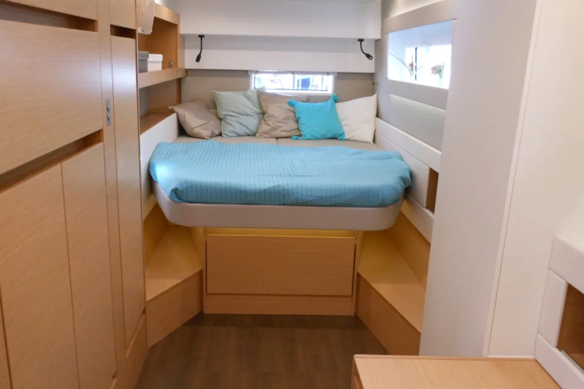 Cabin on Elettra, a Nautitech 46 Fly catamaran at Capo d'Orlando, Italy