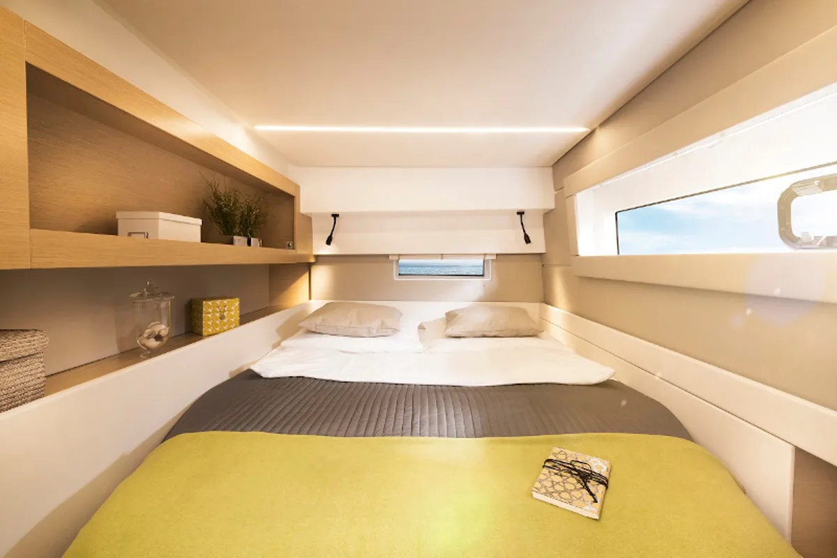 Cabin on Elettra, a Nautitech 46 Fly catamaran at Capo d'Orlando, Italy