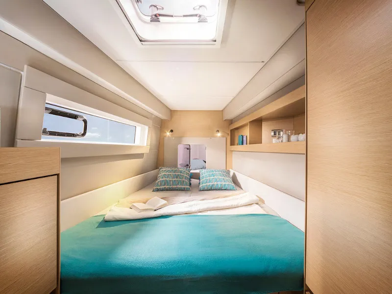 Cabin on Elettra, a Nautitech 46 Fly catamaran at Capo d'Orlando, Italy