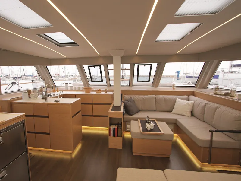Salon of Elettra, a Nautitech 46 Fly catamaran at Capo d'Orlando, Italy