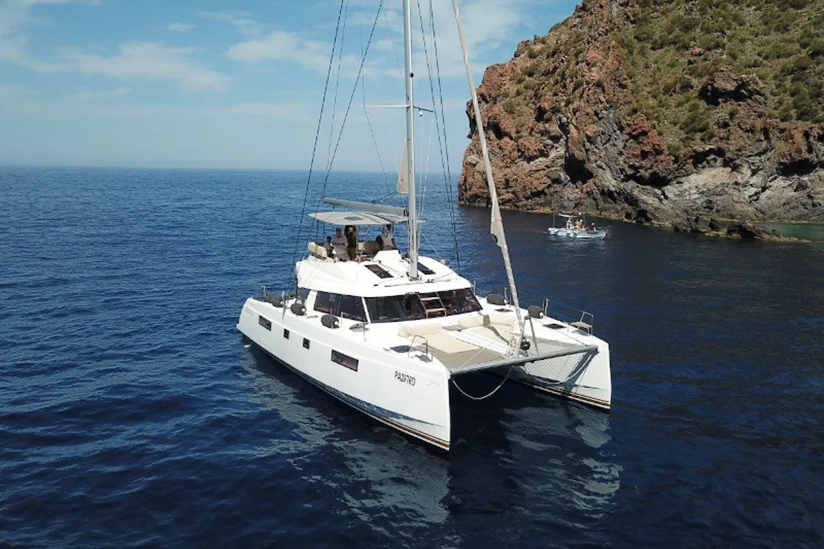 Exterior view of Elettra, a Nautitech 46 Fly catamaran at Capo d'Orlando, Italy