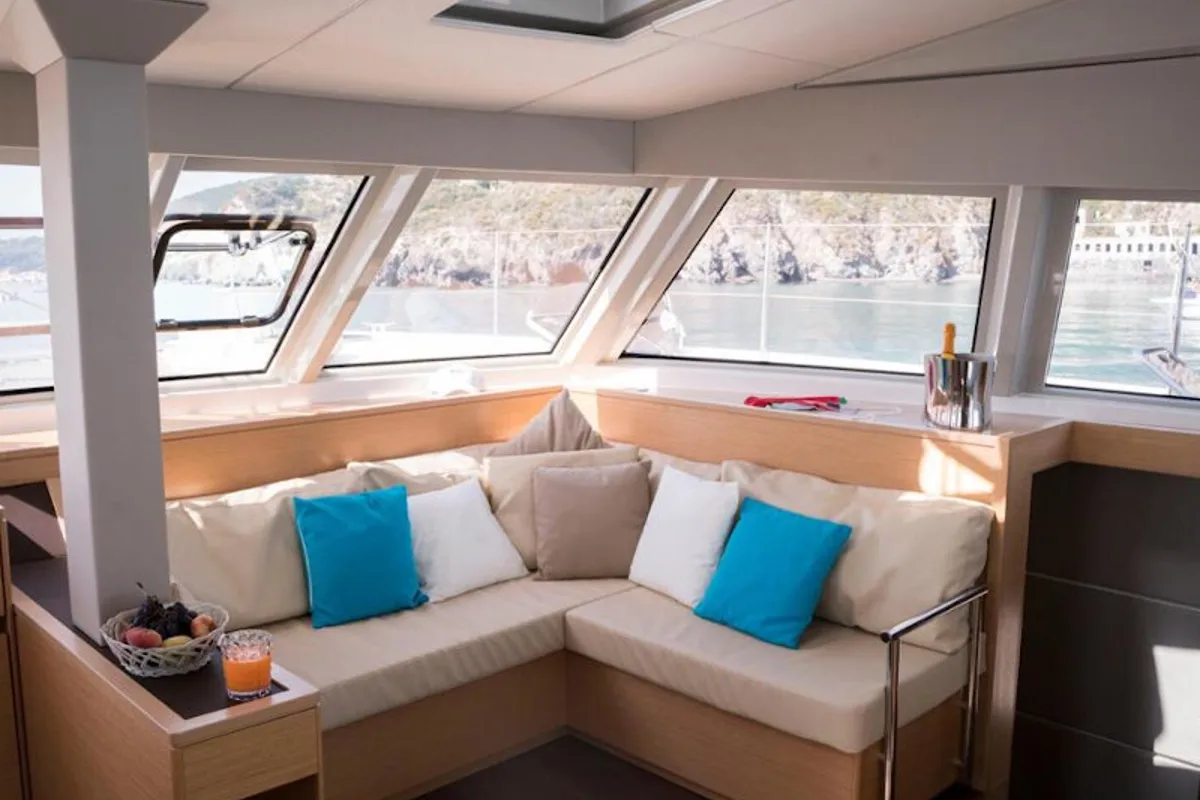 Salon of Elettra, a Nautitech 46 Fly catamaran at Capo d'Orlando, Italy