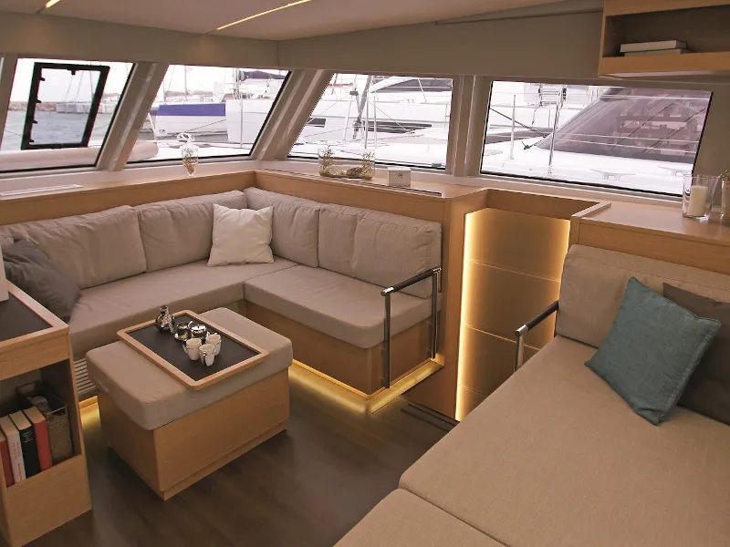 Salon of Elettra, a Nautitech 46 Fly catamaran at Capo d'Orlando, Italy