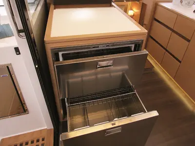 Galley of Elettra, a Nautitech 46 Fly catamaran at Capo d'Orlando, Italy