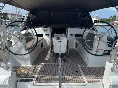 Cockpit of Oxygen, a Jeanneau Sun Odyssey 519 sailboat at Road Town, British Virgin Islands