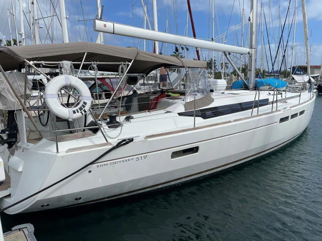 Exterior view of Oxygen, a Jeanneau Sun Odyssey 519 sailboat at Road Town, British Virgin Islands