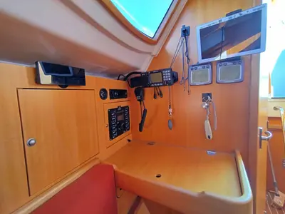 Cockpit of Grand Patience, a Northman Maxus 28 Standard sailboat at Saint-Cast-le-Guildo, France