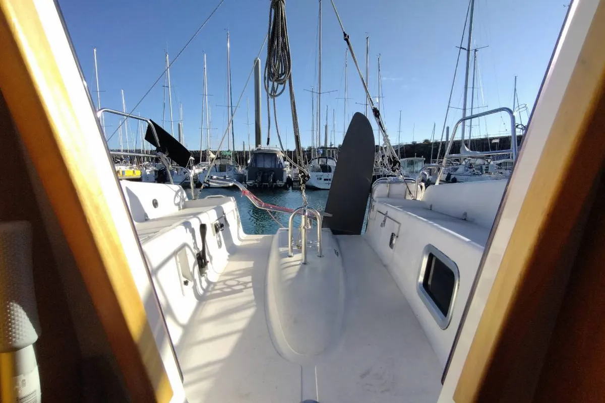 Deck of Grand Patience, a Northman Maxus 28 Standard sailboat at Saint-Cast-le-Guildo, France