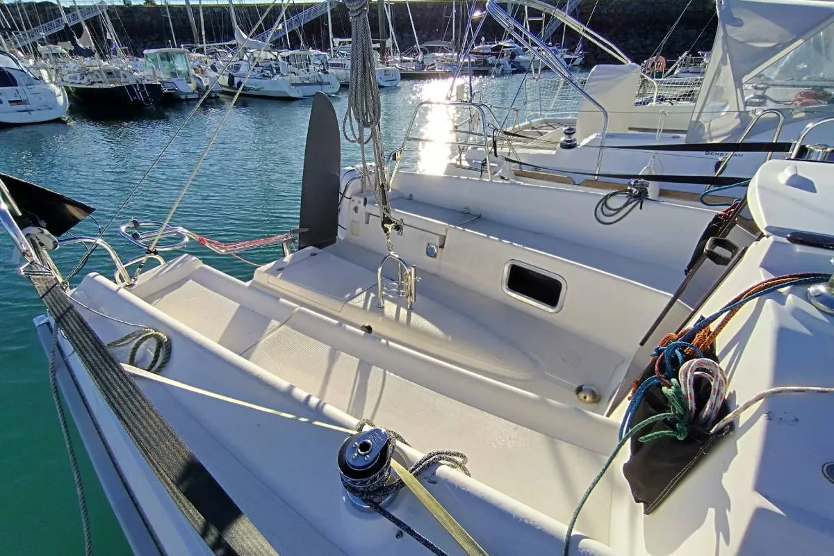 Deck of Grand Patience, a Northman Maxus 28 Standard sailboat at Saint-Cast-le-Guildo, France