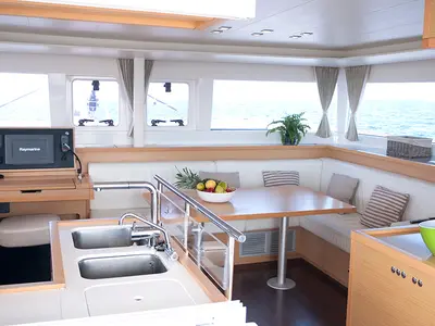 Salon of Balok, a Lagoon 450 catamaran at Santa Eulària des Riu, Spain
