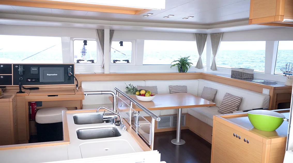Salon of Balok, a Lagoon 450 catamaran at Santa Eulària des Riu, Spain