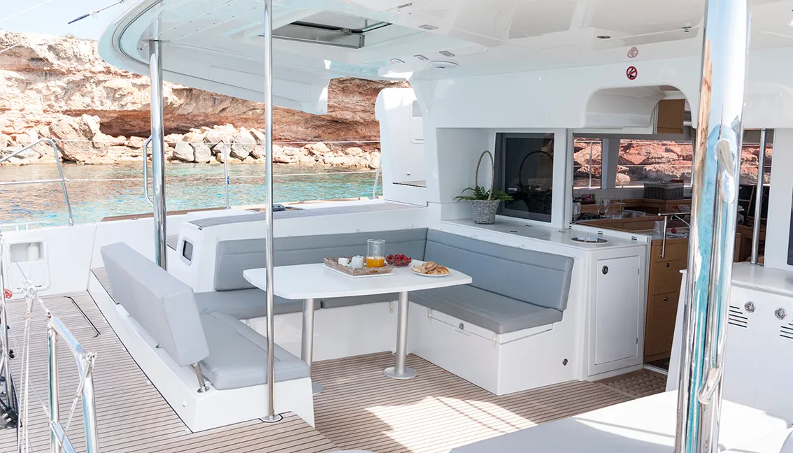 Deck of Balok, a Lagoon 450 catamaran at Santa Eulària des Riu, Spain