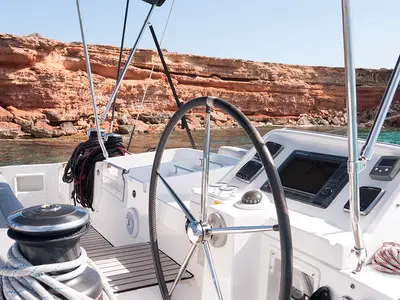 Cockpit of Balok, a Lagoon 450 catamaran at Santa Eulària des Riu, Spain