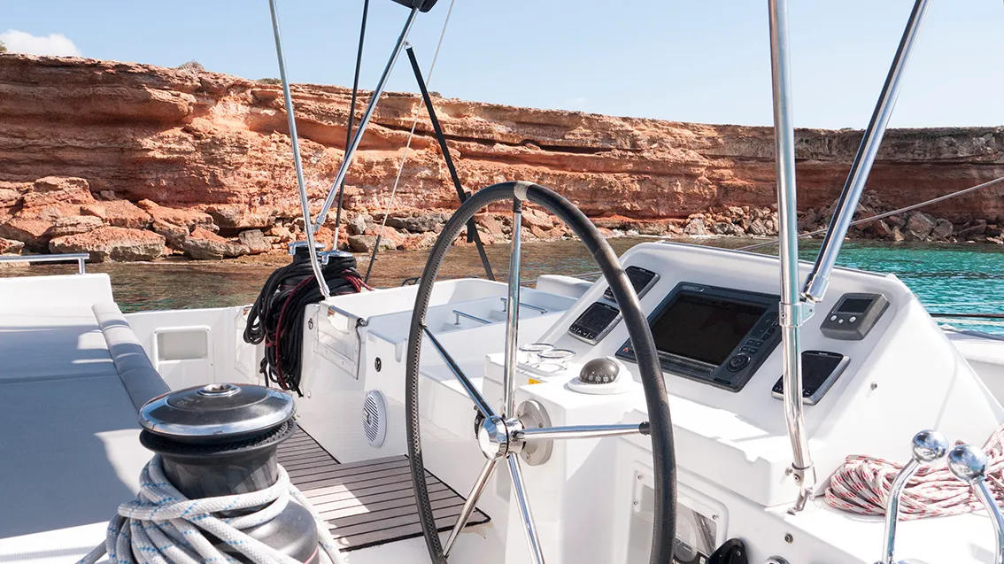 Cockpit of Balok, a Lagoon 450 catamaran at Santa Eulària des Riu, Spain