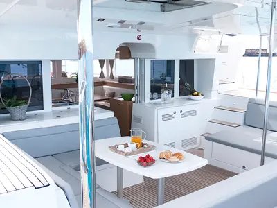 Deck of Balok, a Lagoon 450 catamaran at Santa Eulària des Riu, Spain