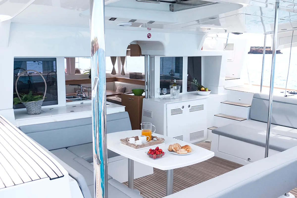 Deck of Balok, a Lagoon 450 catamaran at Santa Eulària des Riu, Spain